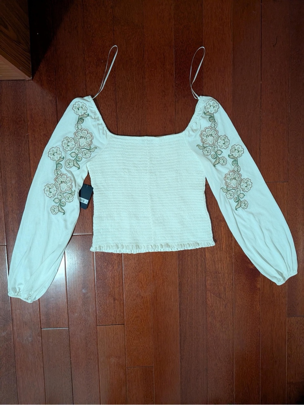 Lucky Brand Cream Smocked Square Neck Top with Floral Embroidery